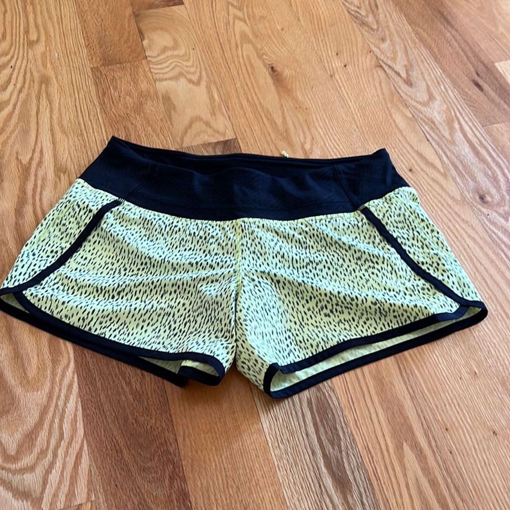 Neon yellow patterned Lululemon running shorts